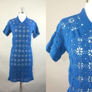 Vtg 60s Mod Handknit blue crochet mini dress sz S
